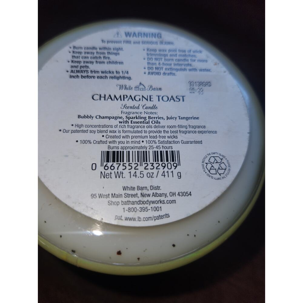 Bath & Body Works Champagne Toast 3-Wick Candle White Barn 14.5oz Used - Picture 6 of 6